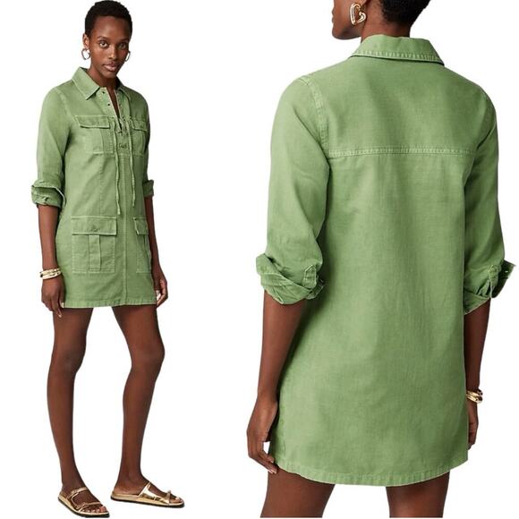 J. Crew Dress Womens Medium Green Harbor Drapey Cotton Lace Up Utility Collared - Picture 1 of 11